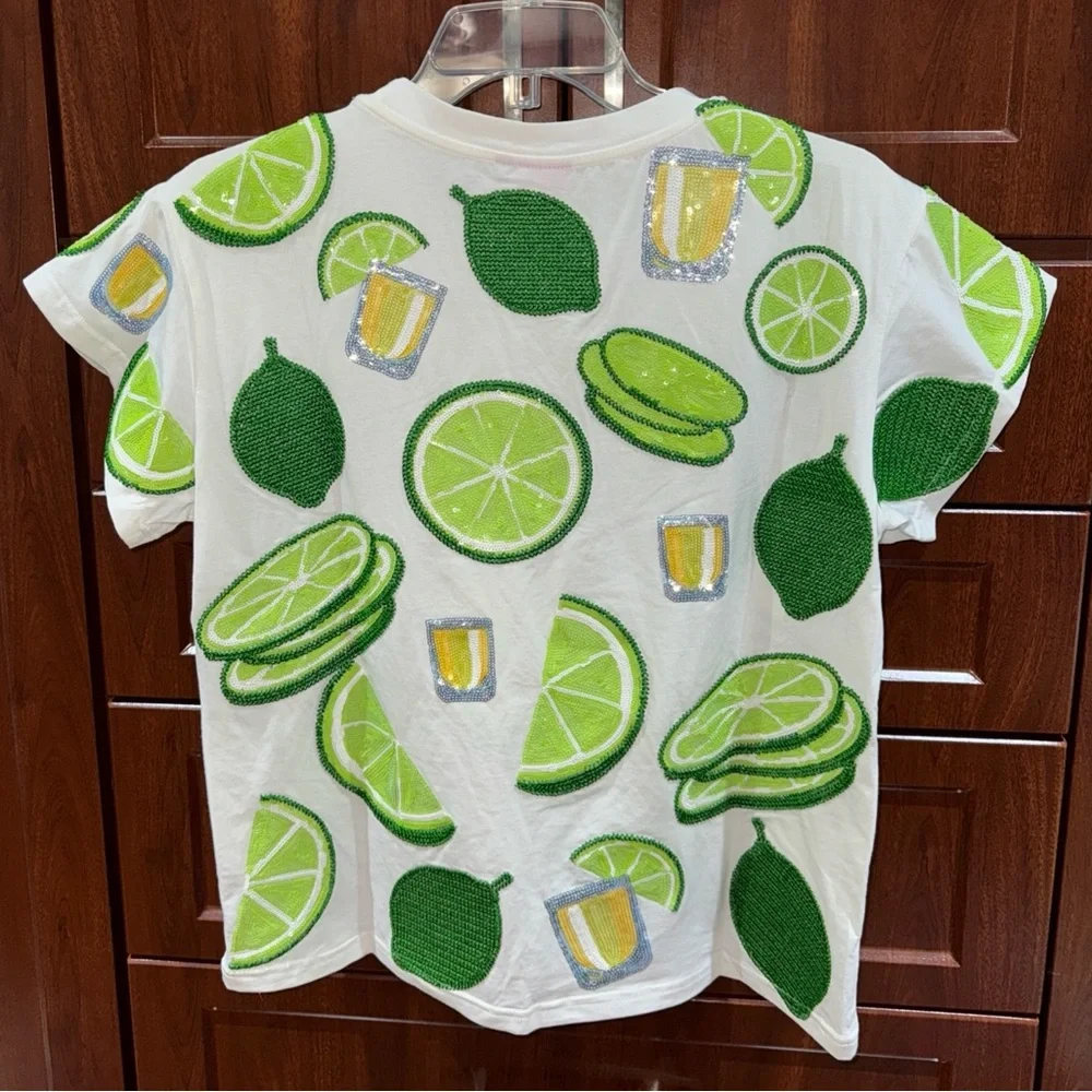 🍋‍🟩NWOT Queen Of Sparkles XS Sequined Lime And Tequila Tee - Picture 4 of 11
